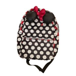 Disney Black White Red Reversible Sequin Minnie Ears Red Bow Character‎ Backpack